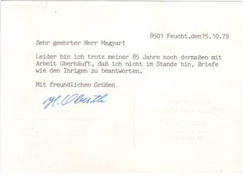 (SCIENTISTS.) OBERTH, HERMANN. Two items, each Signed H. Oberth, each on a postcard to László Magyar, in German : Brief Typed Letter